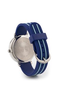 Bracelet de montre en silicone bleu avec des rayures bleu clair, dos en acier inoxydable, cadran circulaire et boucle argentée. Conception résistante à l'eau.