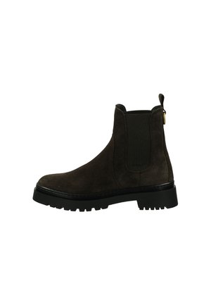 Dark brown suede Chelsea boot with black elastic side panel, thick black sole, and pull tab at the back.