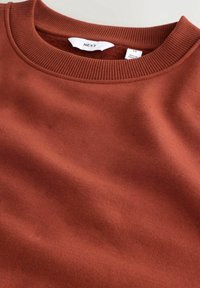 Sweat-shirt col rond couleur rouille avec col côtelé et étiquettes de taille et de marque blanches à l'intérieur de l'encolure.