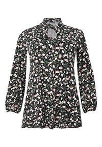 Zwarte blouse met een bloemenpatroon in wit en roze. Lange mouwen met geplooide manchetten en een strik-halsontwerp. Zachte stof.