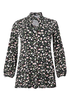 Sort bluse med et blomsterprint i hvid og pink. Lange ærmer med rynkede manchetter og en knyt-krave-design. Blødt stof.