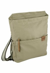 Khaki canvas schoudertas met een ritsopening aan de bovenkant, zijvak, leren accenten en een gestreepte verstelbare schouderband. Soepele textuur.