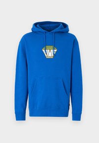 Blue hoodie made of soft fabric with a front pocket. Features a graphic logo in green and white on the chest. Drawstring hood included.