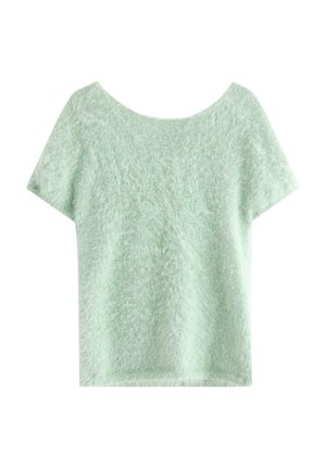 Top corto a maniche corte verde menta chiaro, soffice al tatto, con scollo rotondo ampio, caratterizzato da una vestibilità comoda e rilassata. Nessun motivo o dettaglio visibile.