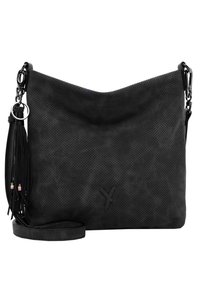 Schwarze, durchlöcherte Wildleder-Handtasche mit weicher Textur, verstellbarem Schultergurt und dekorativem Quastenakzent. Verfügt über ein einfaches, modernes Design.