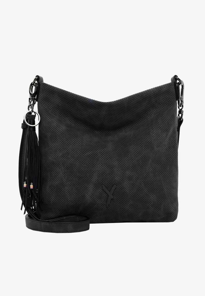 Schwarze, durchlöcherte Wildleder-Handtasche mit weicher Textur, verstellbarem Schultergurt und dekorativem Quastenakzent. Verfügt über ein einfaches, modernes Design.