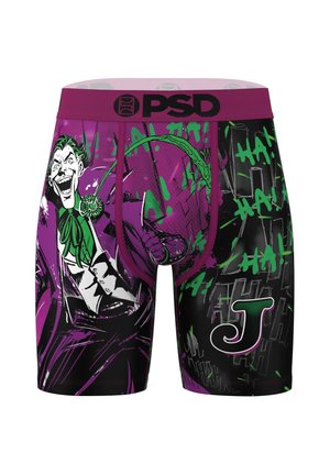 Lila und schwarze Boxershorts mit dem Joker, der eine grüne Fliege trägt, grünem "HA!"-Text und einem großen "J" auf dem rechten Bein.