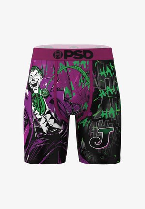 Purple and black boxer briefs featuring the Joker with a green bow tie, green "HA!" text, and a large "J" on the right leg.