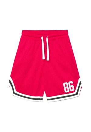 Pantaloncini sportivi rossi con coulisse bianca, bordatura nera e bianca, e numero 86 stampato sulla parte bassa della gamba sinistra.