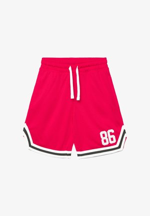 Czerwone szorty sportowe z białym sznurkiem, czarno-białym wykończeniem i numerem 86 nadrukowanym na dolnej lewej nodze.