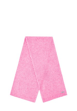 Roze geribbelde sjaal van zacht materiaal, met een textuur ontwerp en een klein label aan één uiteinde. De lengte is geschikt om te wikkelen.