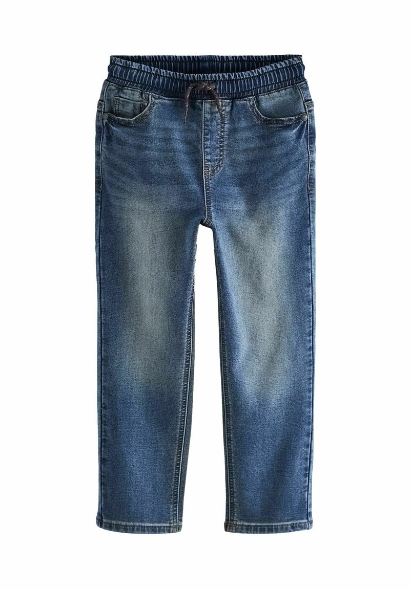 Pantalon jogger en denim bleu avec taille élastique et cordon, doté de poches avant et de détails délavés sur les jambes.