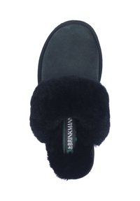 Black suede slipper with a soft, fluffy black fur band across the front. Features a flat sole and a branded label inside the slipper.
