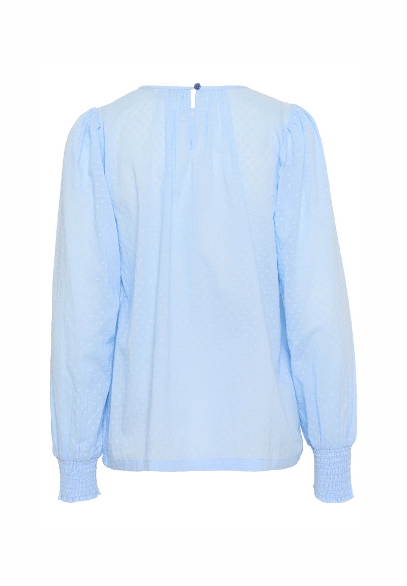 Himmelblaue Bluse mit langen Ärmeln aus strukturiertem Stoff, mit Puffärmeln, einem Schlüsselloch-Verschluss im Rücken und elastischen Manschetten.