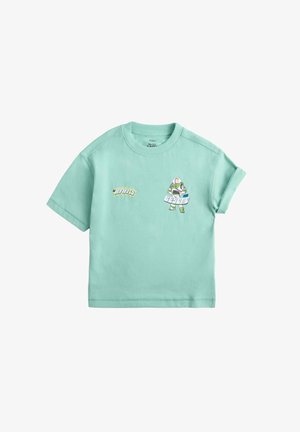 Lysegrøn kortærmet børnet-shirt med opviklet manchet og Buzz Lightyear grafik og "To Infinity and Beyond" tekst på fronten.