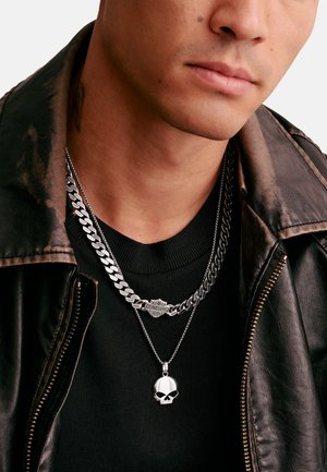 Uomo con una maglietta nera e giacca di pelle, con due collane d'argento: una con il logo Harley-Davidson, l'altra con un ciondolo a forma di teschio.