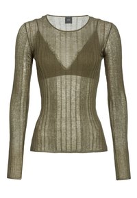 Dugo rukavica u maslinasto zelenoj boji, s rebrastom teksturom i prilagođenim dizajnom. Okrugli dekolte i prozirni materijal s laganim V-izrezom.