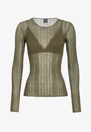 Dugo rukavica u maslinasto zelenoj boji, s rebrastom teksturom i prilagođenim dizajnom. Okrugli dekolte i prozirni materijal s laganim V-izrezom.