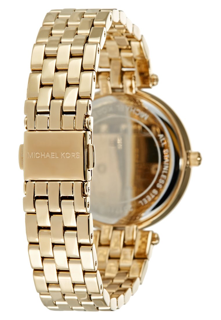 Orologio da polso in acciaio inossidabile con finitura dorata, con bracciale a maglie, cassa rotonda, lunetta rotonda e logo Michael Kors sulla fibbia.
