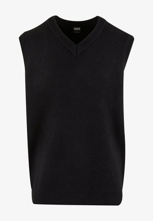 Sort ærmeløs sweater med V-hals, lavet af blødt materiale, med ribbet halsudskæring og kant. Enkel, klassisk design.
