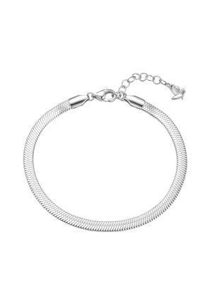 Pulsera de cadena tipo serpiente en tono plateado con cierre de langosta y cadena de extensión ajustable que termina en un pequeño colgante en forma de corazón.