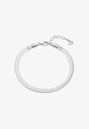 Armband aus silberfarbener Schlangenkette mit Karabinerverschluss und verstellbarer Verlängerungskette, die in einem kleinen Herzanhänger endet.