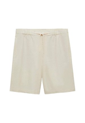 Beigefarbene Baumwollshorts mit einem elastischen Bund, verstellbarem Kordelzug und Seitentaschen, die eine einfache, glatte Textur aufweisen.