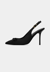 Black pointed-toe slingback heel with a small bow on the front and gold-tone buckle on the adjustable strap.