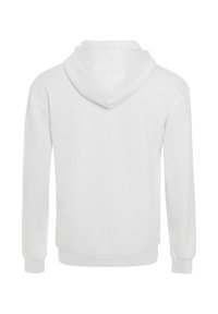 Sweat à capuche blanc à manches longues, fabriqué en tissu doux. Comprend une poche kangourou et des poignets et ourlet côtelés. Design simple et minimaliste.