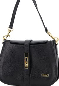 Black leather handbag with a textured finish, gold hardware, flap closure, and adjustable strap. Logo "Venezia" on the front.