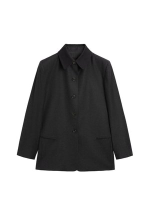 Giacca nera in misto lana con collare, chiusura a bottoni sul davanti, due tasche laterali e maniche lunghe. Presenta una texture liscia.