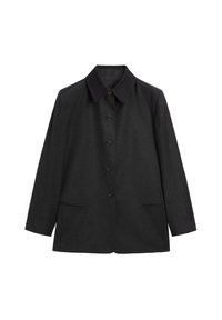 Giacca nera in misto lana con collare, chiusura a bottoni sul davanti, due tasche laterali e maniche lunghe. Presenta una texture liscia.