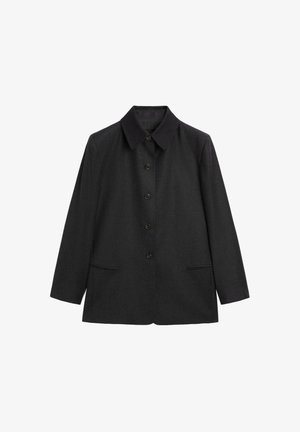 Black wool-blend jacket with a collared neckline, button front closure, two side pockets, and long sleeves. Features a smooth texture.