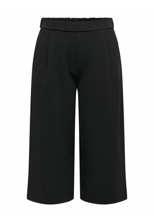 Schwarze Culottes aus einem glatten Stoff. Sie verfügen über einen weiten Beinansatz, Falten an der Vorderseite und einen elastischen Taillenzug für zusätzlichen Komfort.