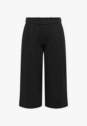 Schwarze Culottes aus einem glatten Stoff. Sie verfügen über einen weiten Beinansatz, Falten an der Vorderseite und einen elastischen Taillenzug für zusätzlichen Komfort.