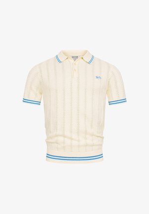 Kremowy sweter polo z krótkim rękawem z niebieskimi paskami na kołnierzyku, mankietach i dole, z perforowanymi pionowymi wzorami oraz małym niebieskim logo na piersi.