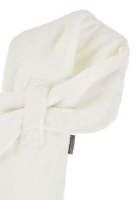 White, soft fabric hair wrap with a knot detail, featuring a textured surface and a strap for secure fastening.