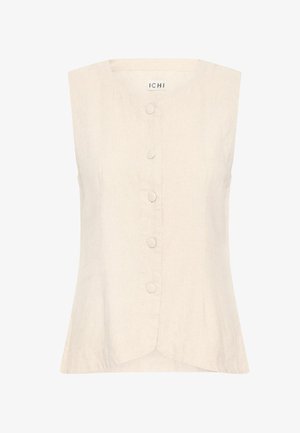 Haut sans manches beige avec un col rond, fermeture à boutons sur le devant et ourlet légèrement évasé. Fabriqué en tissu texturé. Marque : ICHI.