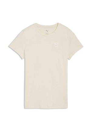 T-shirt beige a maniche corte con scollo rotondo e piccolo logo Puma sul petto a sinistra, mostrata distesa su uno sfondo bianco.
