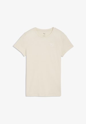 T-shirt beige a maniche corte con scollo rotondo e piccolo logo Puma sul petto a sinistra, mostrata distesa su uno sfondo bianco.