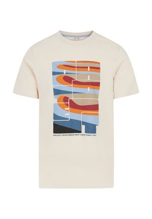 T-shirt en coton beige avec un design graphique audacieux comprenant des formes superposées en bleu, orange, rouge et tan. Manches courtes, col rond.