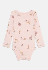 Langarmiger rosa Baby-Body mit Drucken von Rehen, Kaninchen, Vögeln, Igeln, Pilzen und rosa Blumen, mit Druckknöpfen im Schritt.