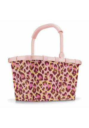 Cesta de la compra plegable de color rosa con estampado de leopardo y diseños de caras sonrientes amarillas, con un asa rosa acolchada.