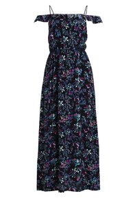 Robe maxi noire à fleurs avec bretelles tombantes, dotée d'un corsage ajusté et d'une jupe fluide ornée de motifs vibrants roses et verts.