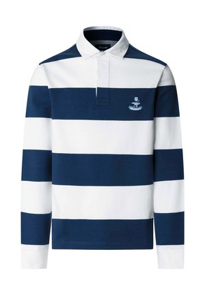 Camisa de rugby de manga larga con amplias franjas horizontales en azul marino y blanco y un cuello blanco, con un pequeño logo en el pecho.