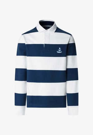 Camisa de rugby de manga larga con amplias franjas horizontales en azul marino y blanco y un cuello blanco, con un pequeño logo en el pecho.