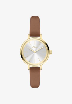 Montre ton or avec un cadran argenté et un bracelet en cuir marron. Dispose d'index horaires minimalistes et d'une couronne centrale. Design simple et rond.