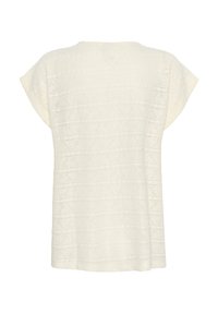 Top bianco a maniche corte con un motivo testurizzato di righe orizzontali e dettagli floreali. Tessuto leggero con una vestibilità rilassata.