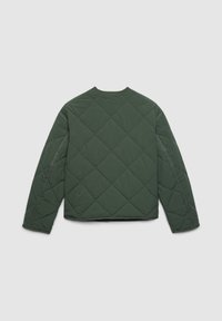 Grüne gesteppte Jacke mit rundem Ausschnitt, einem Rautenmuster, langen Ärmeln und kurzem Schnitt. Glatte Textur ohne sichtbare Verschlüsse.