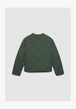 Grüne gesteppte Jacke mit rundem Ausschnitt, einem Rautenmuster, langen Ärmeln und kurzem Schnitt. Glatte Textur ohne sichtbare Verschlüsse.